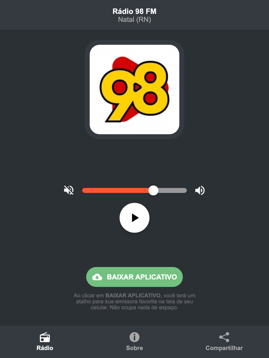 Screenshot do aplicativo da Rádio 98 FM
