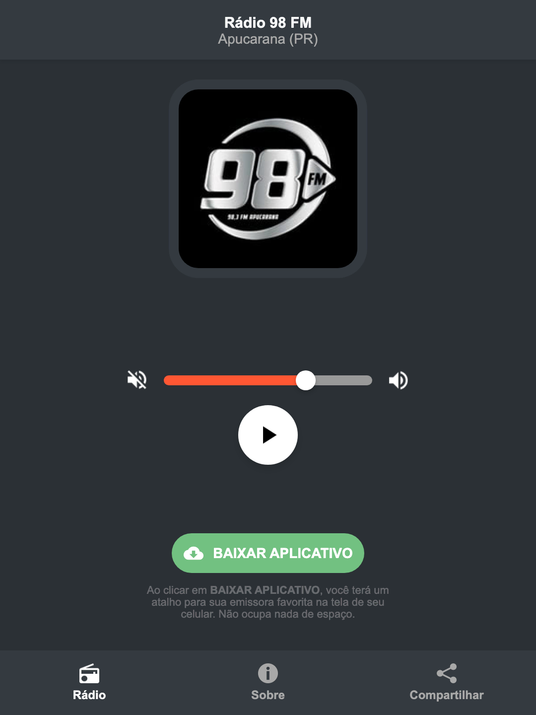 Screenshot do aplicativo da Rádio 98 FM