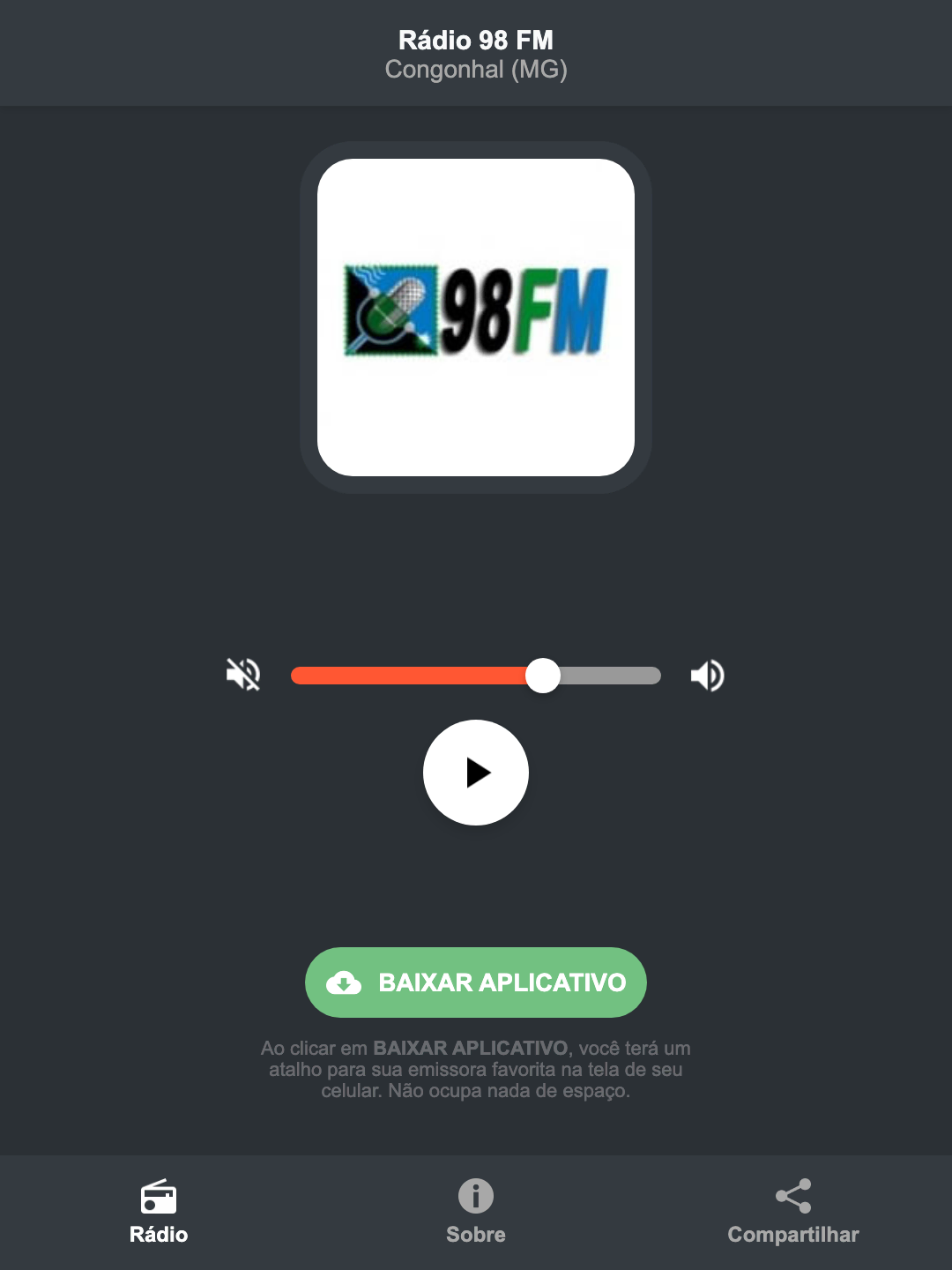 Screenshot do aplicativo da Rádio 98 FM