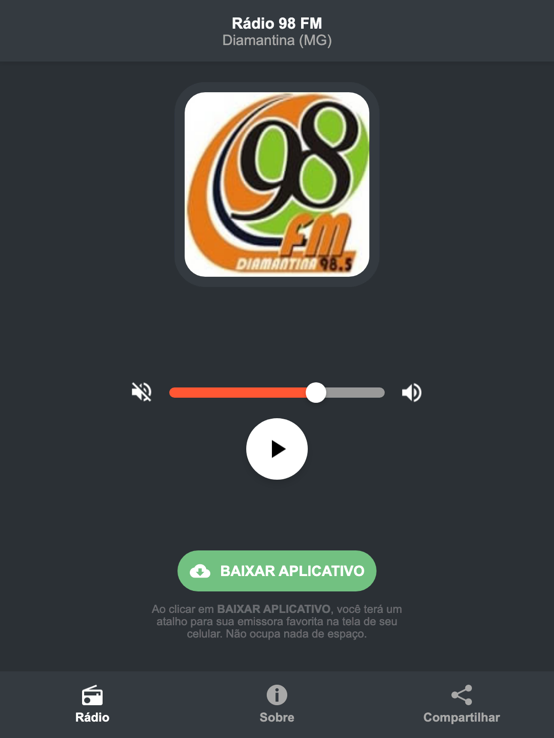 Screenshot do aplicativo da Rádio 98 FM