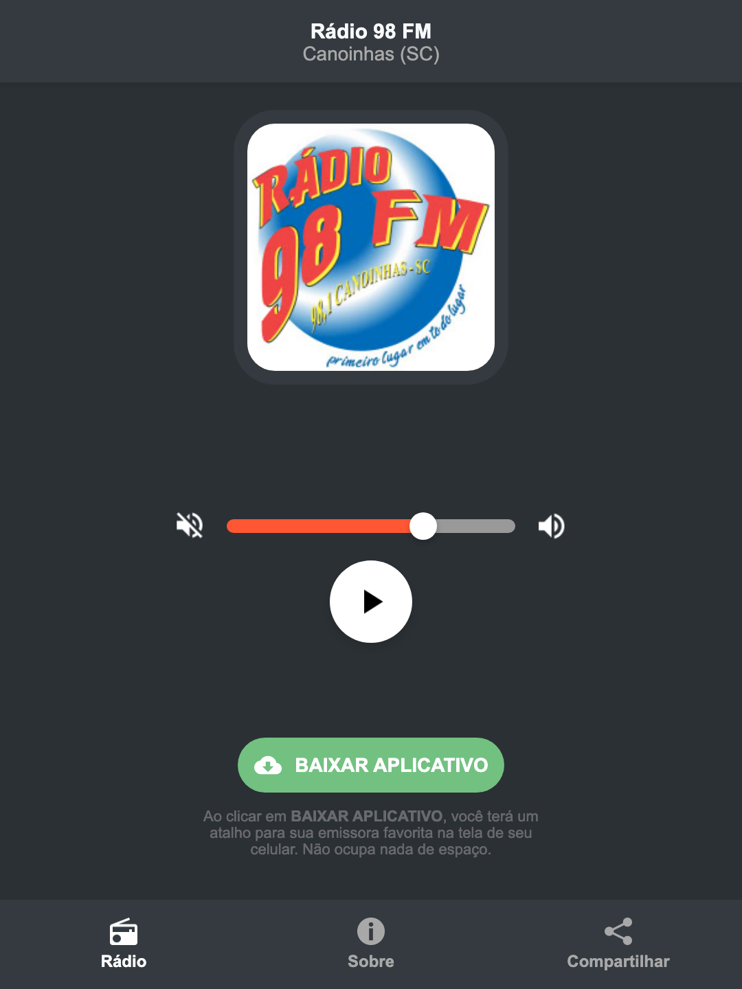 Screenshot do aplicativo da Rádio 98 FM