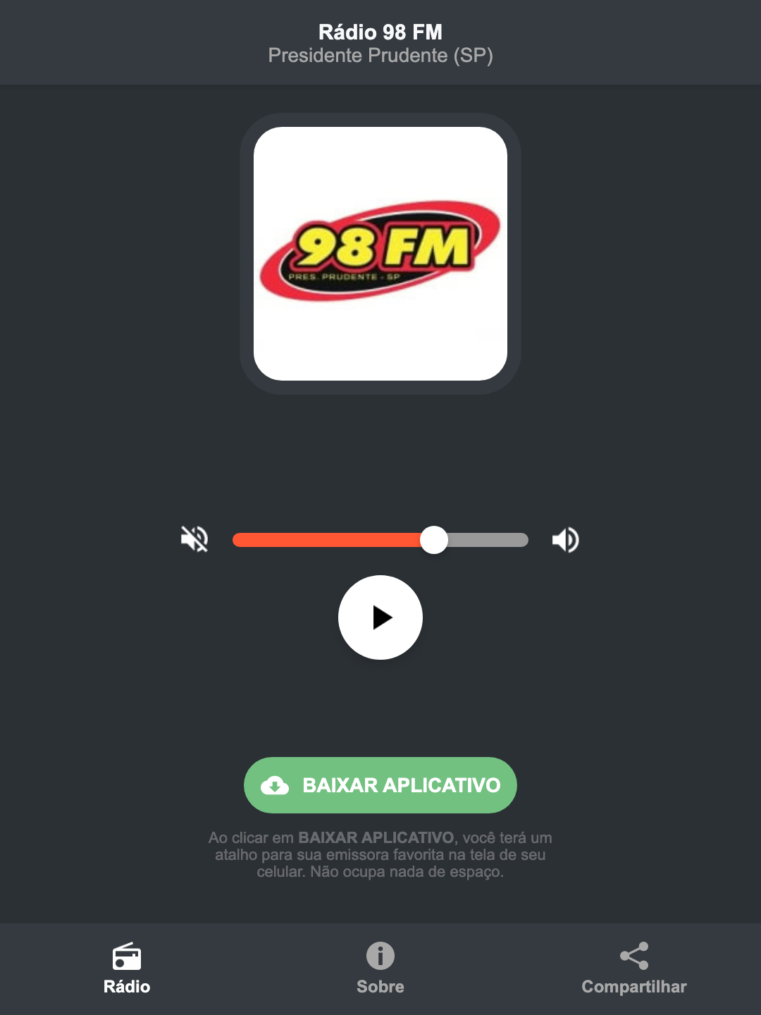 Screenshot do aplicativo da Rádio 98 FM