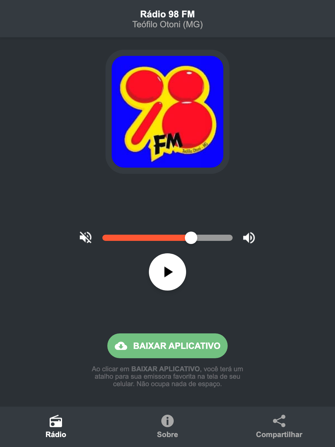 Screenshot do aplicativo da Rádio 98 FM