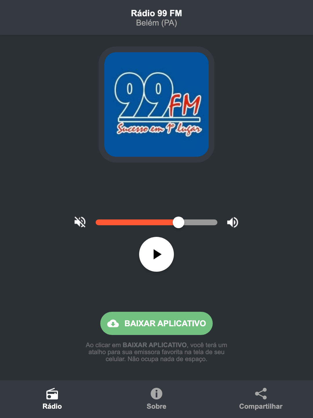 Screenshot do aplicativo da Rádio 99 FM