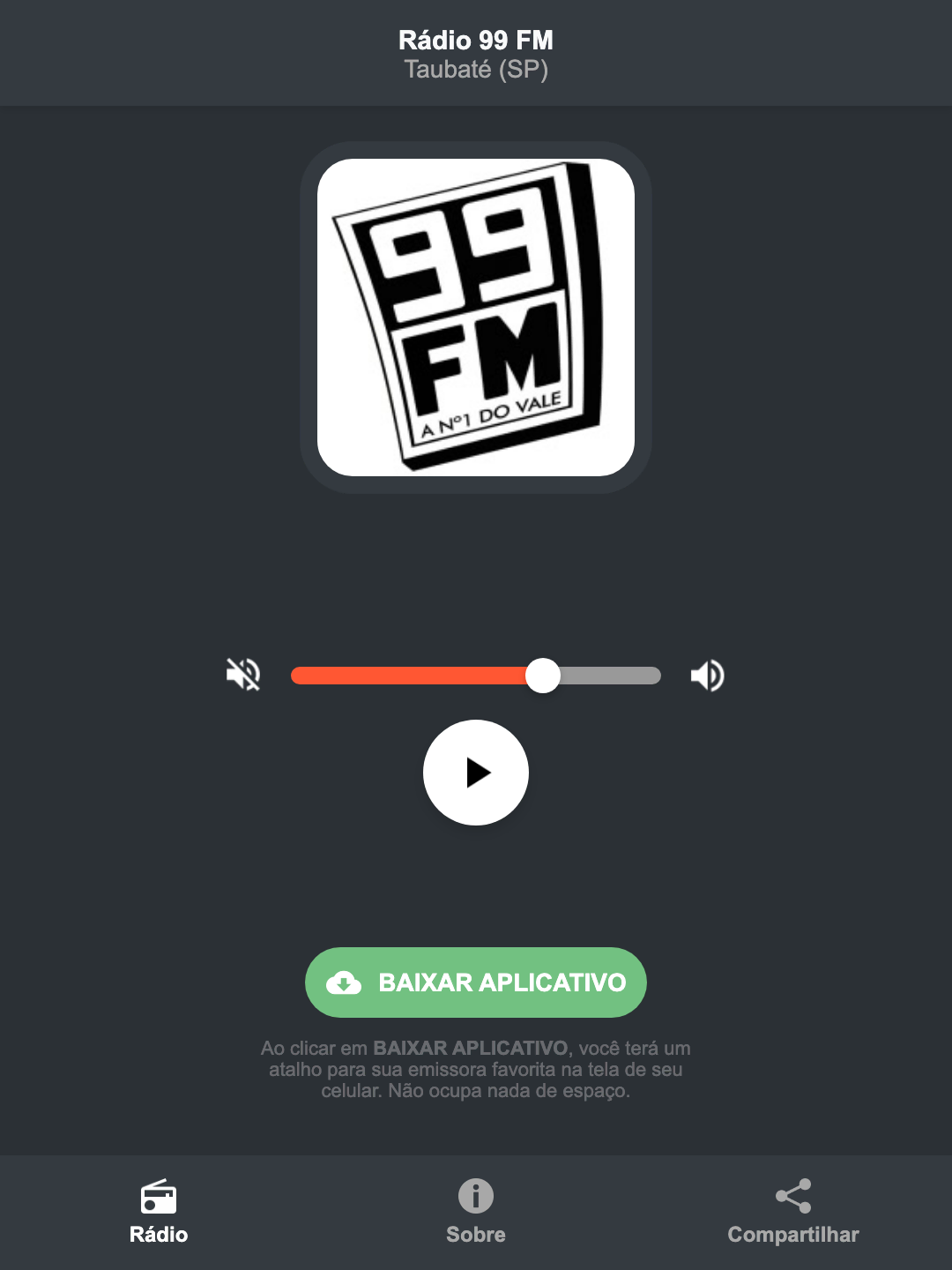 Screenshot do aplicativo da Rádio 99 FM