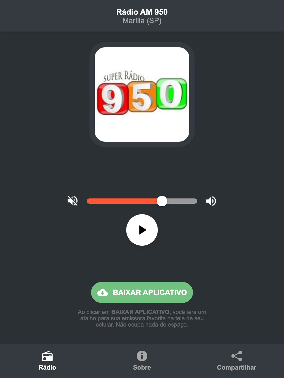 Screenshot do aplicativo da Rádio AM 950