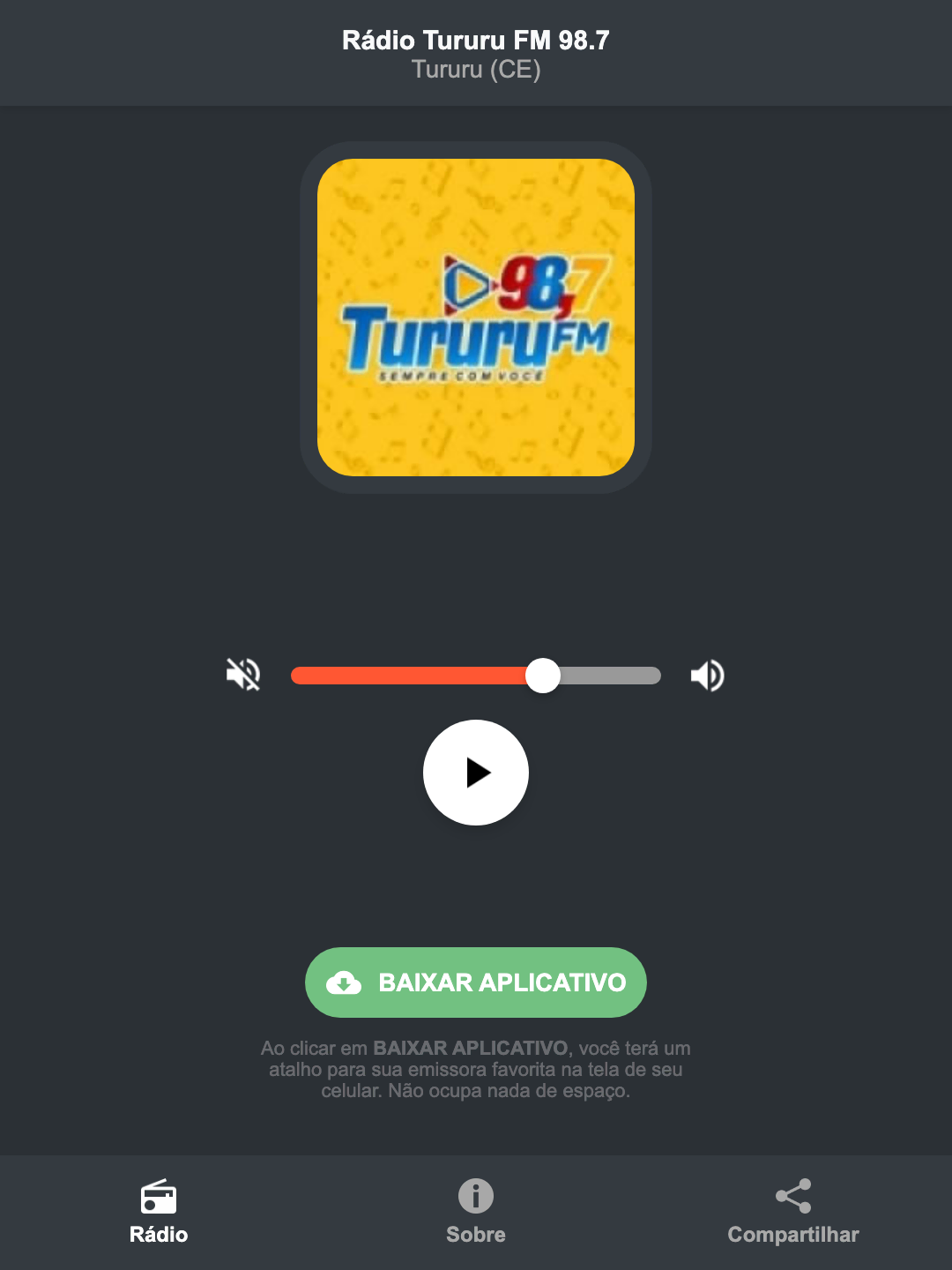 Screenshot do aplicativo da Rádio Tururu FM 98.7