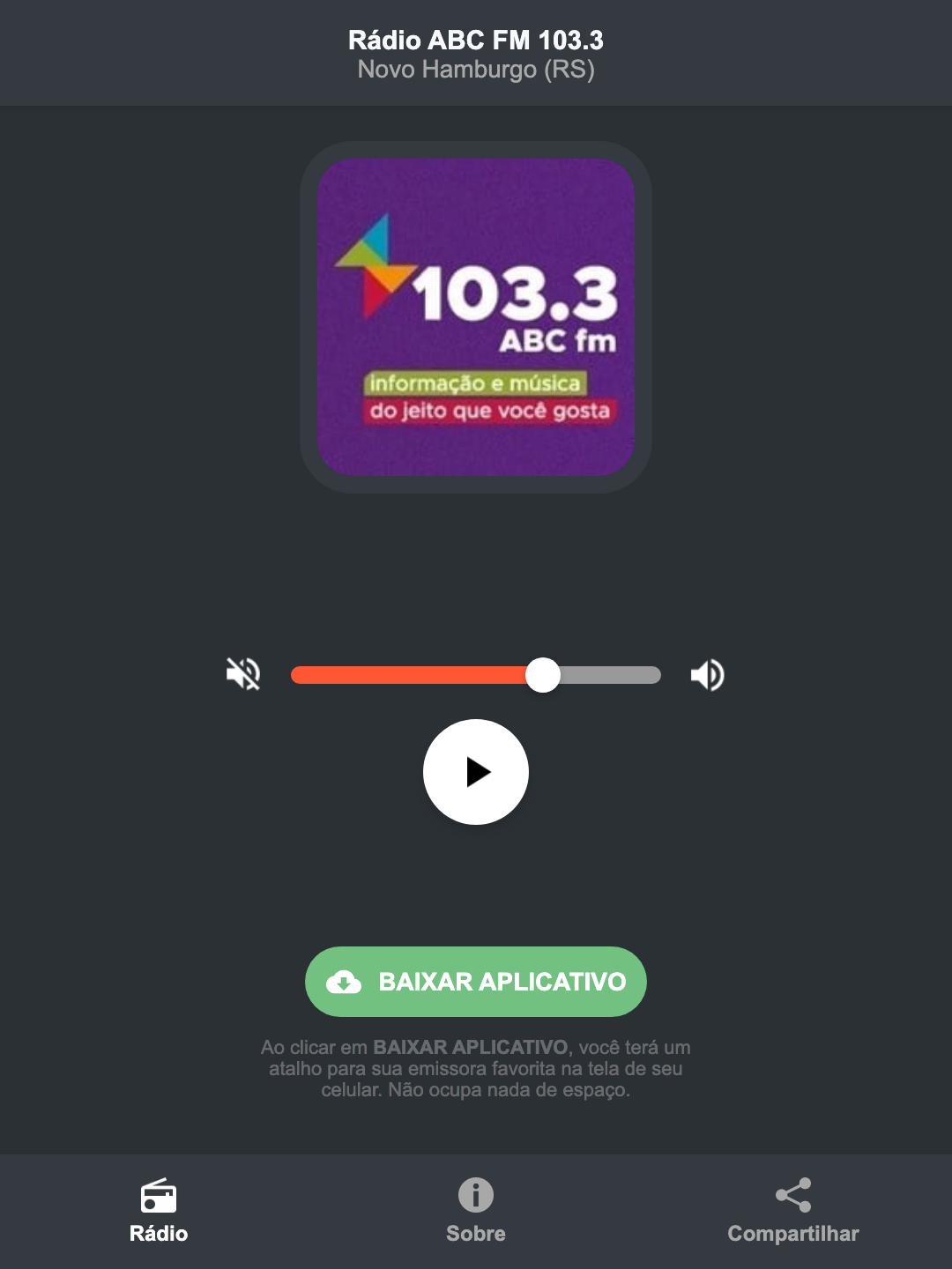 Screenshot do aplicativo da Rádio ABC FM 103.3