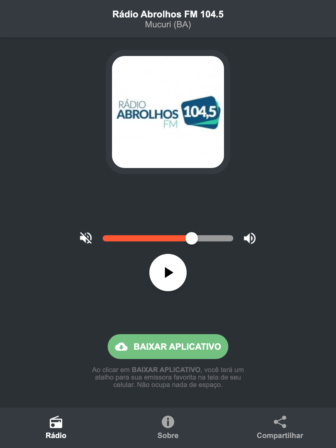 Screenshot do aplicativo da Rádio Abrolhos FM 104.5