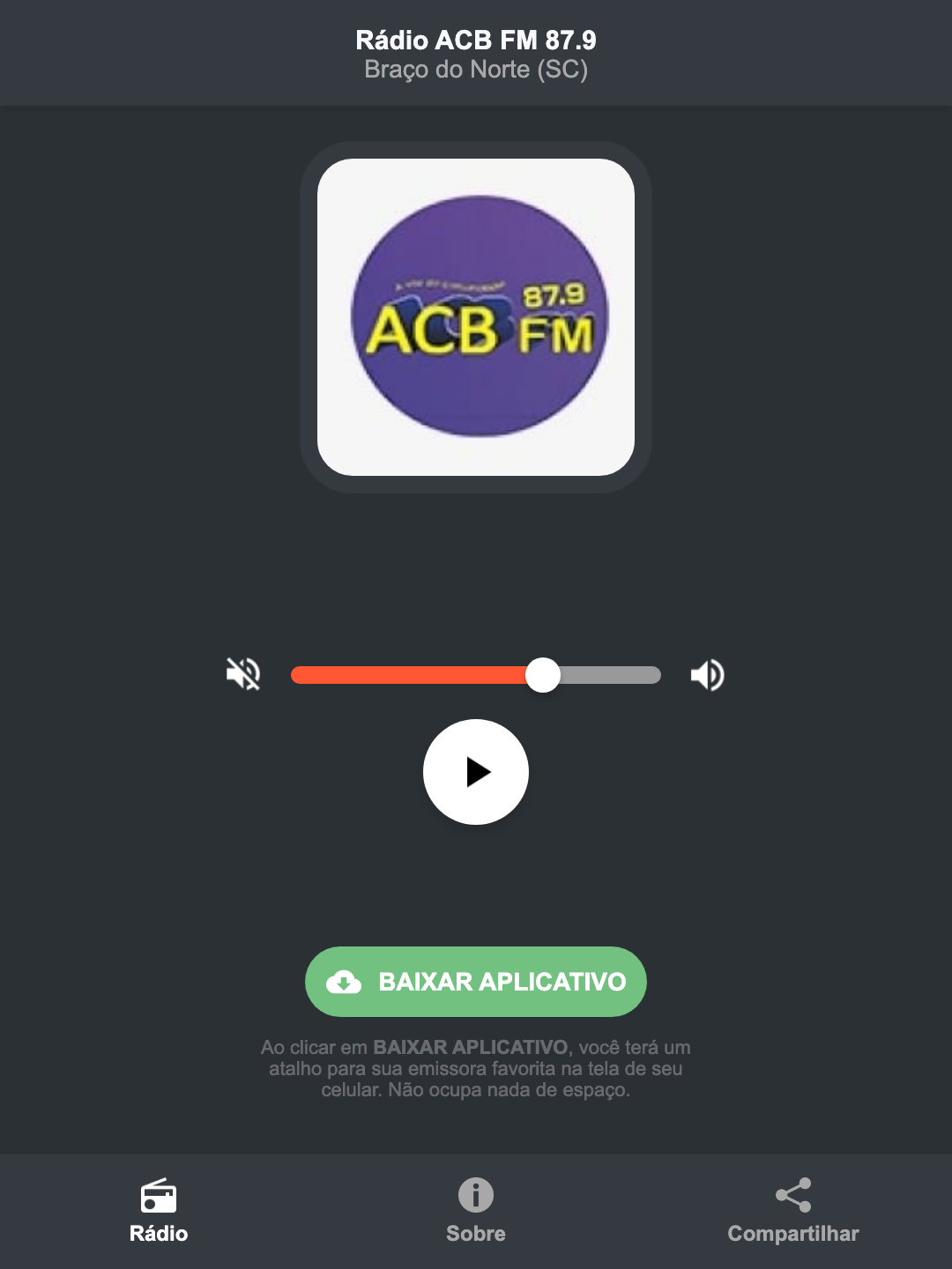 Screenshot do aplicativo da Rádio ACB FM 87.9