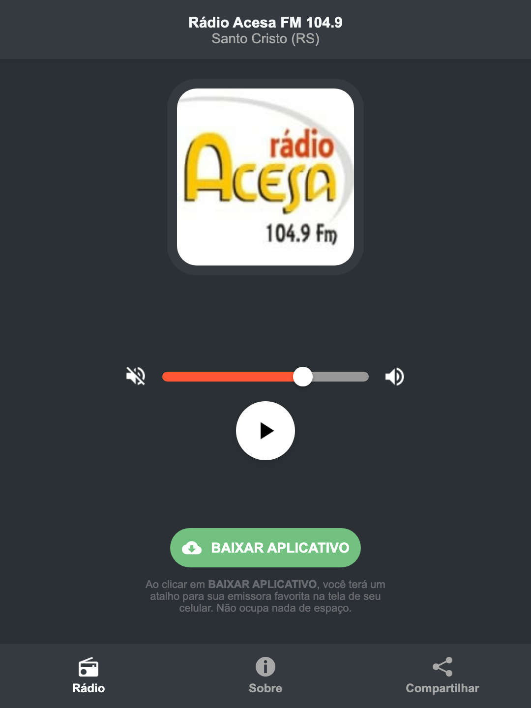 Screenshot do aplicativo da Rádio Acesa FM 104.9