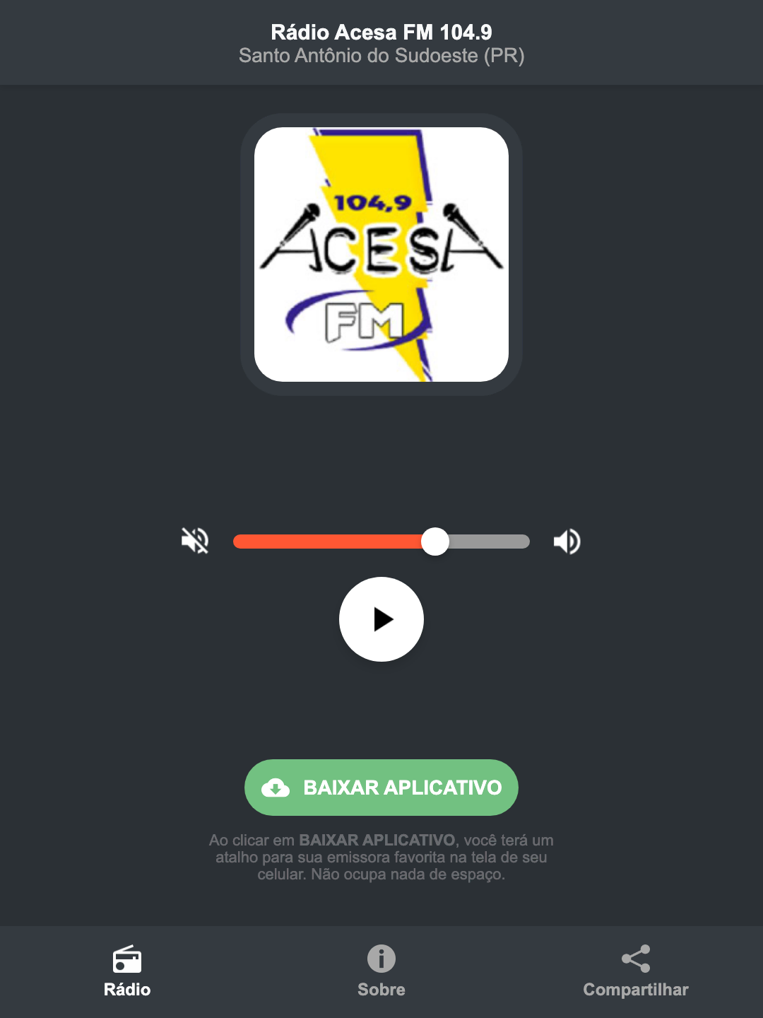 Screenshot do aplicativo da Rádio Acesa FM 104.9