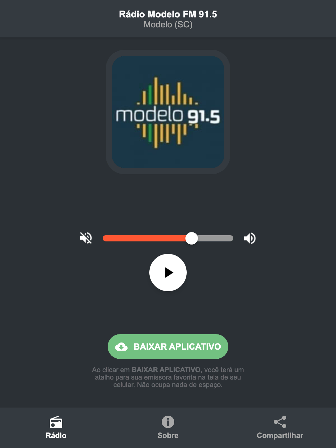 Screenshot do aplicativo da Rádio Modelo FM 91.5