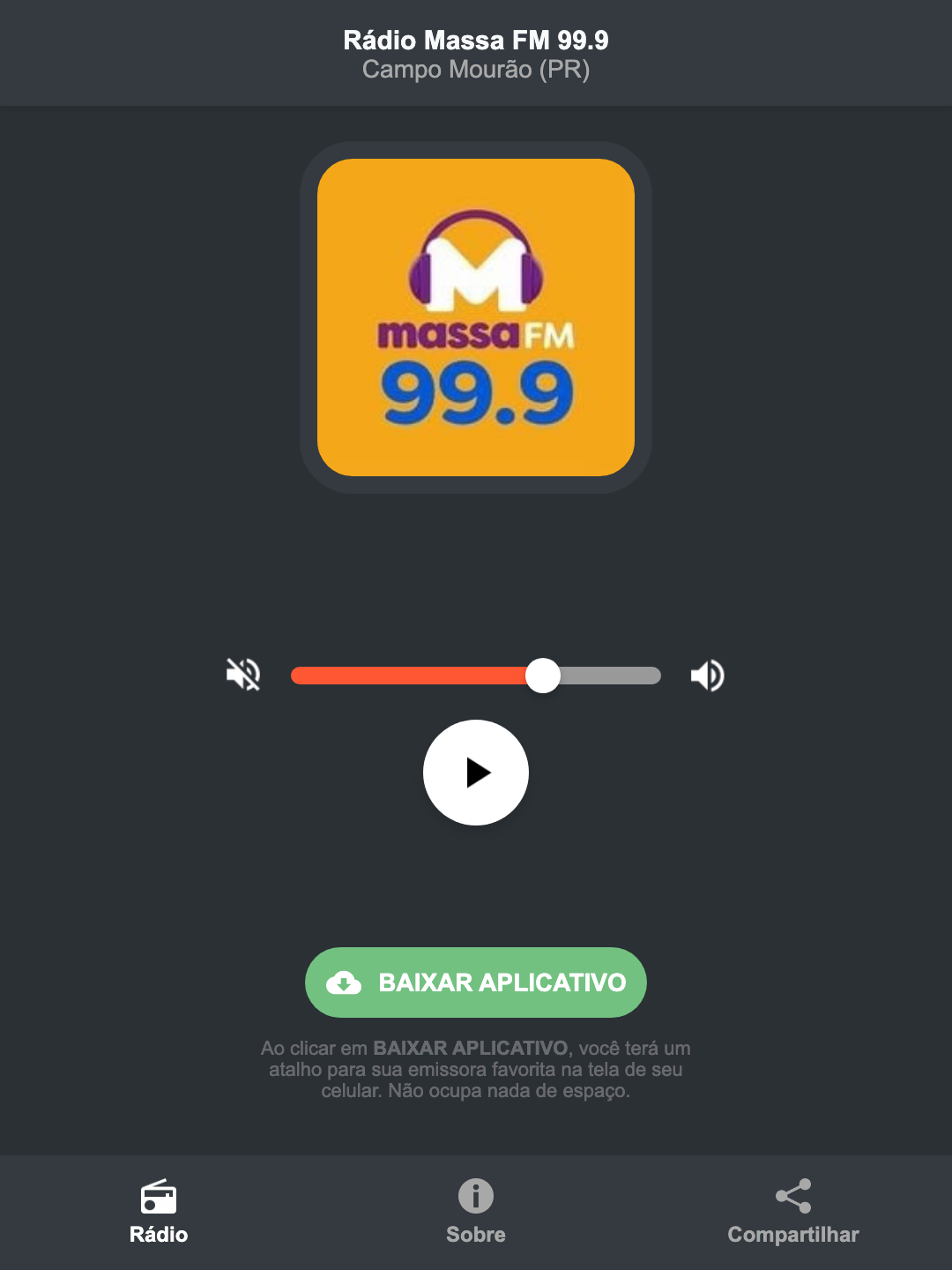Screenshot do aplicativo da Rádio Massa FM 99.9