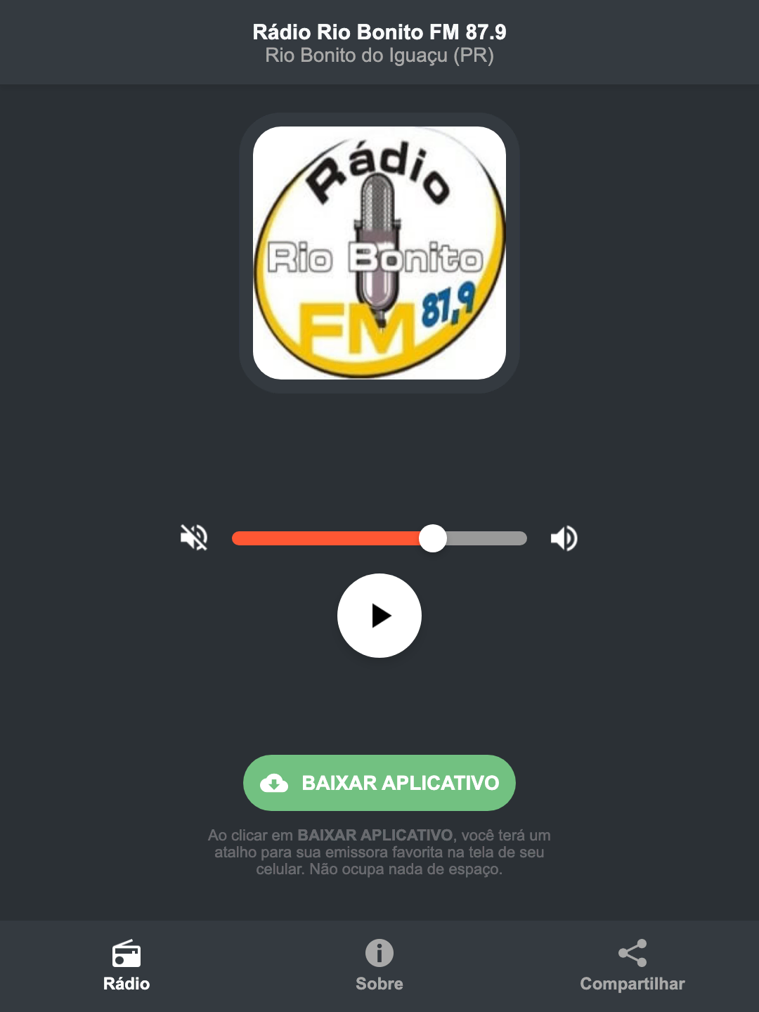 Screenshot do aplicativo da Rádio Rio Bonito FM 87.9