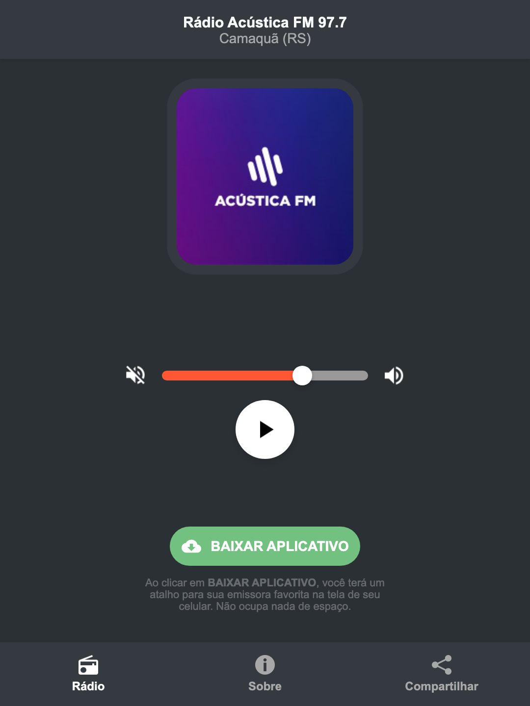 Screenshot do aplicativo da Rádio Acústica FM 97.7