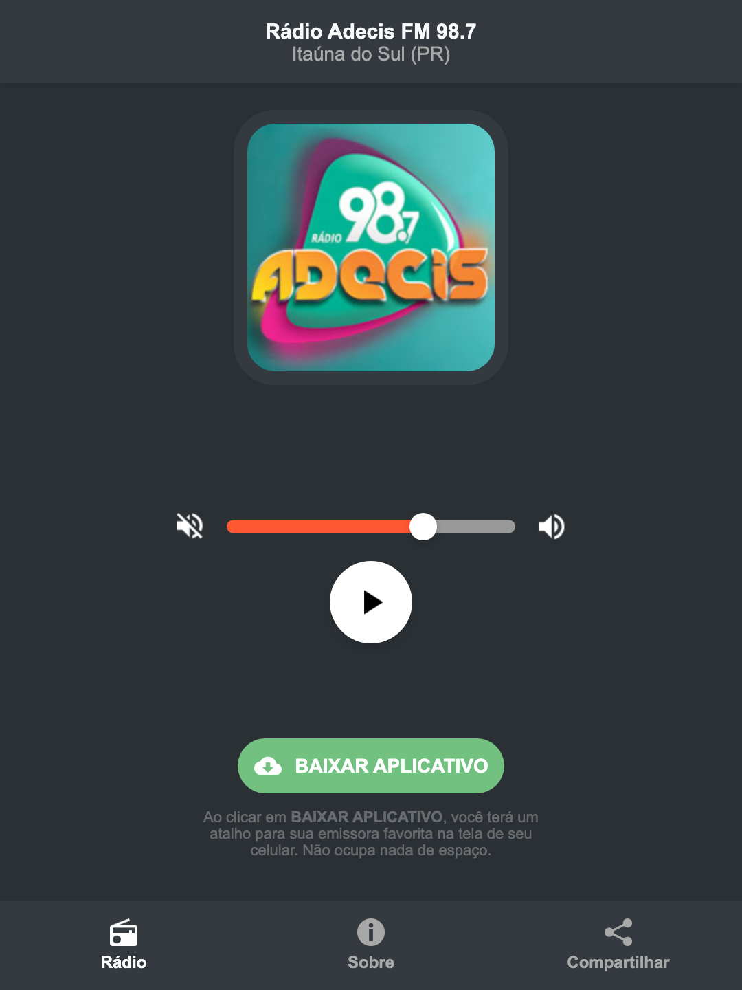 Screenshot do aplicativo da Rádio Adecis FM 98.7