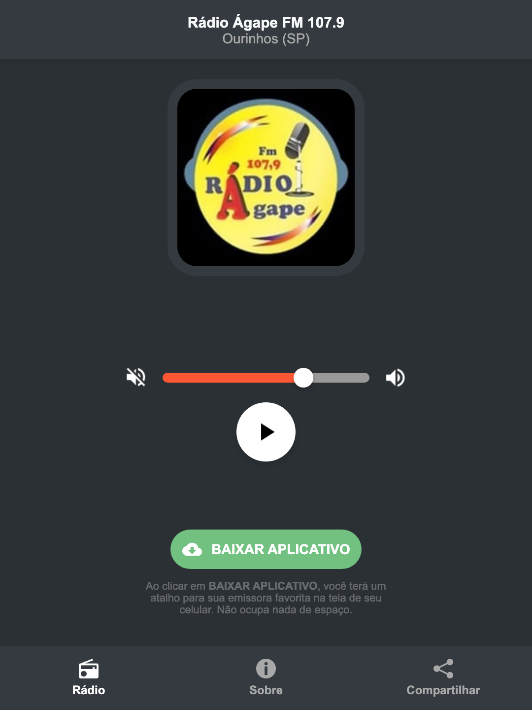 Screenshot do aplicativo da Rádio Ágape FM 107.9