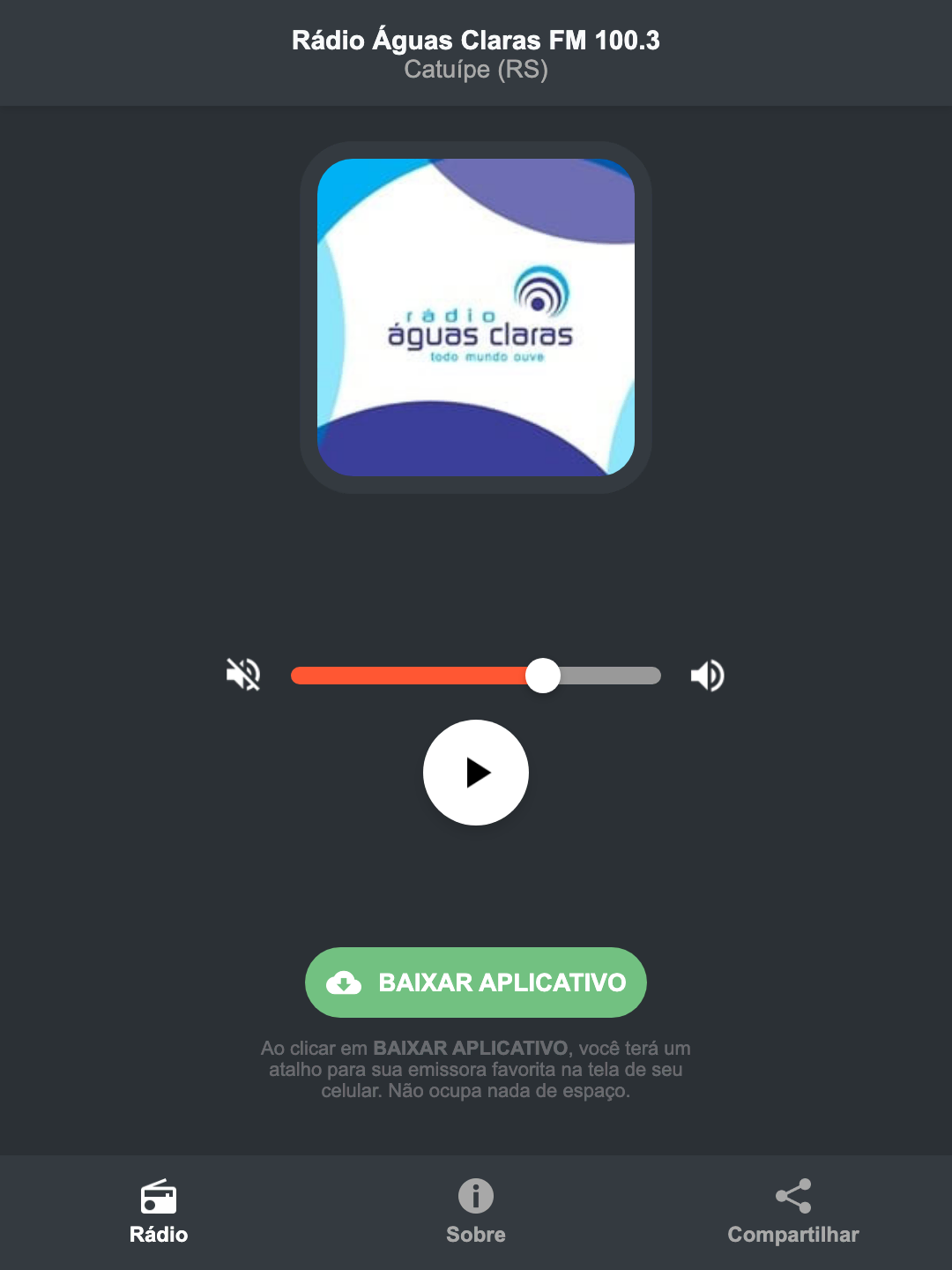 Screenshot do aplicativo da Rádio Águas Claras FM 100.3