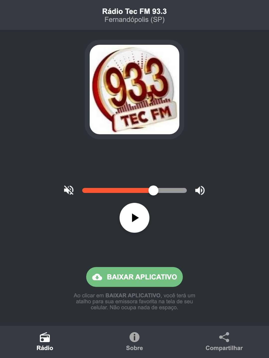 Screenshot do aplicativo da Rádio Tec FM 93.3
