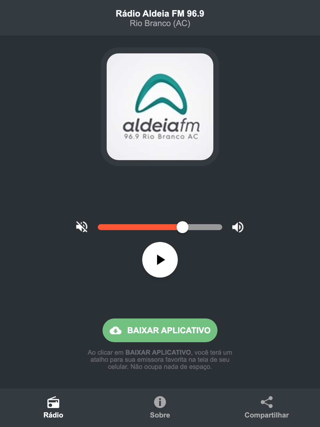 Screenshot do aplicativo da Rádio Aldeia FM 96.9
