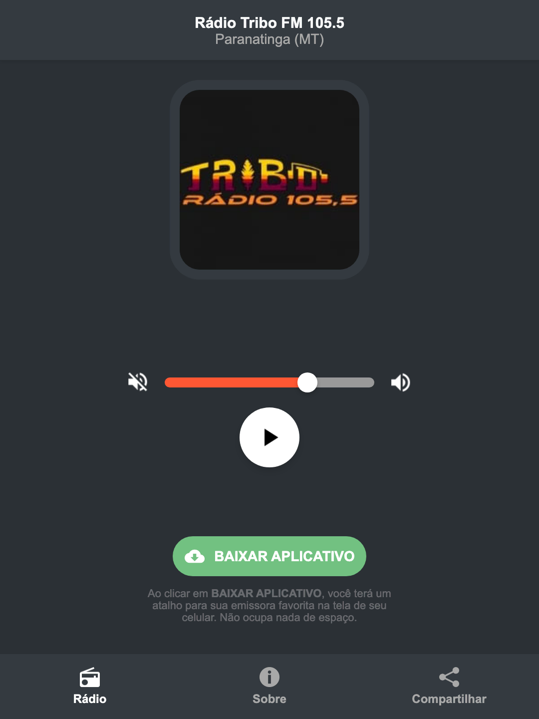 Screenshot do aplicativo da Rádio Tribo FM 105.5