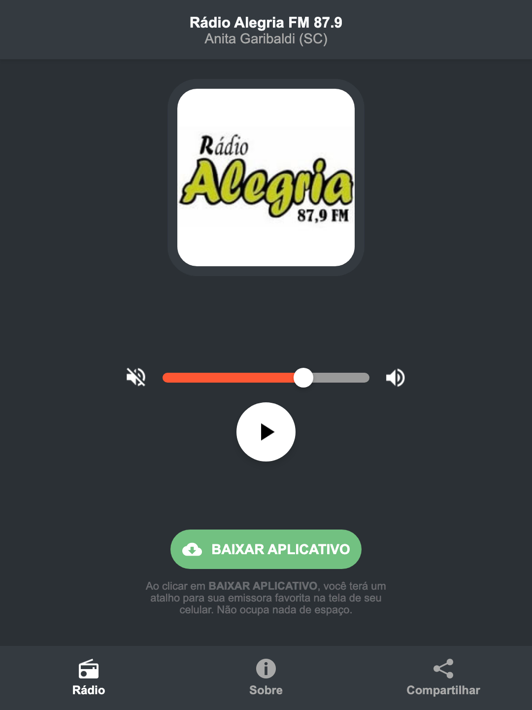 Screenshot do aplicativo da Rádio Alegria FM 87.9