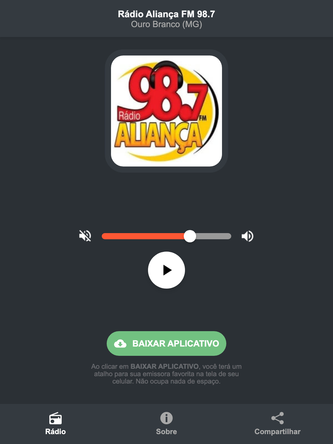 Screenshot do aplicativo da Rádio Aliança FM 98.7