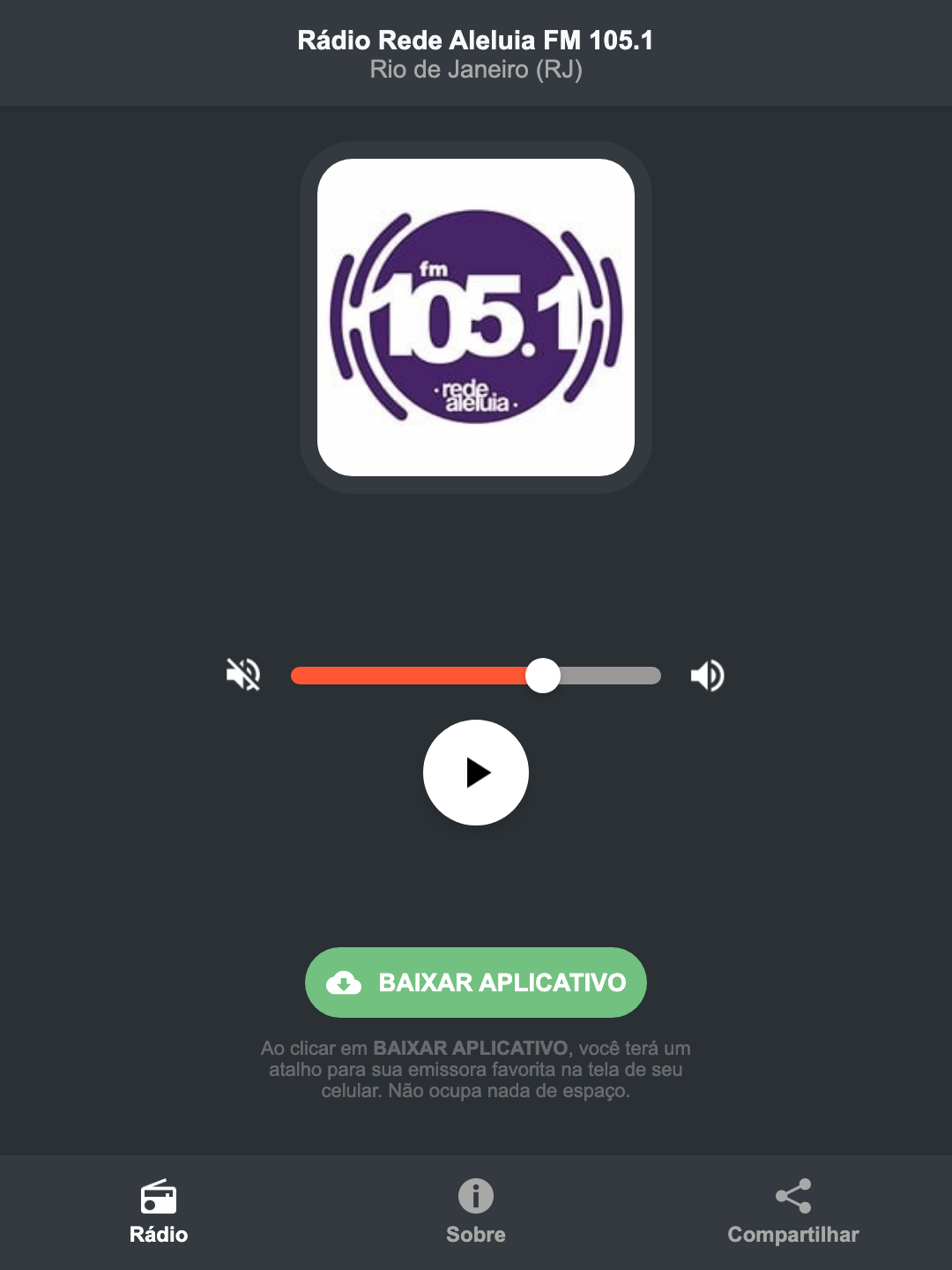 Screenshot do aplicativo da Rádio Rede Aleluia FM 105.1