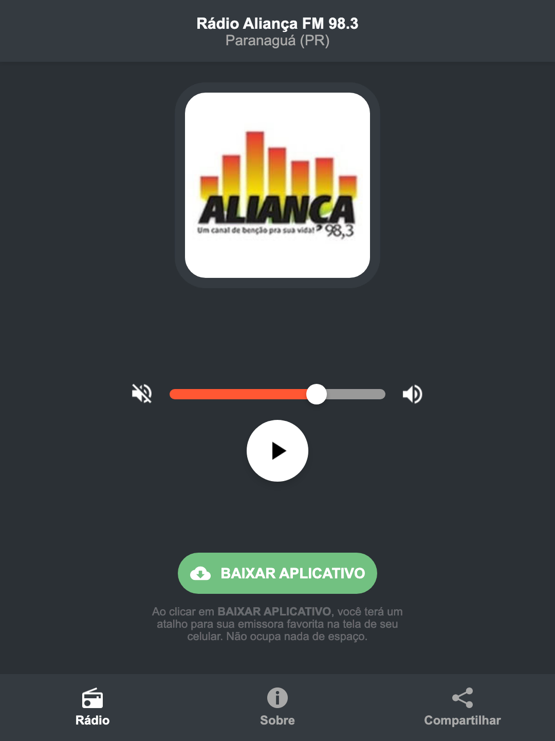 Screenshot do aplicativo da Rádio Aliança FM 98.3
