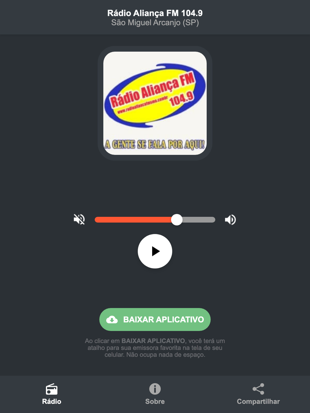 Screenshot do aplicativo da Rádio Aliança FM 104.9