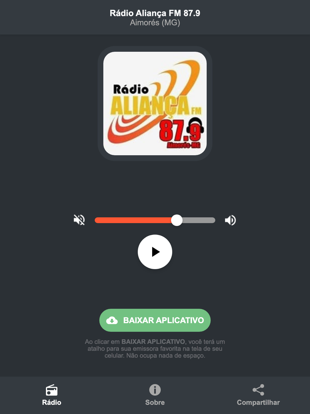 Screenshot do aplicativo da Rádio Aliança FM 87.9