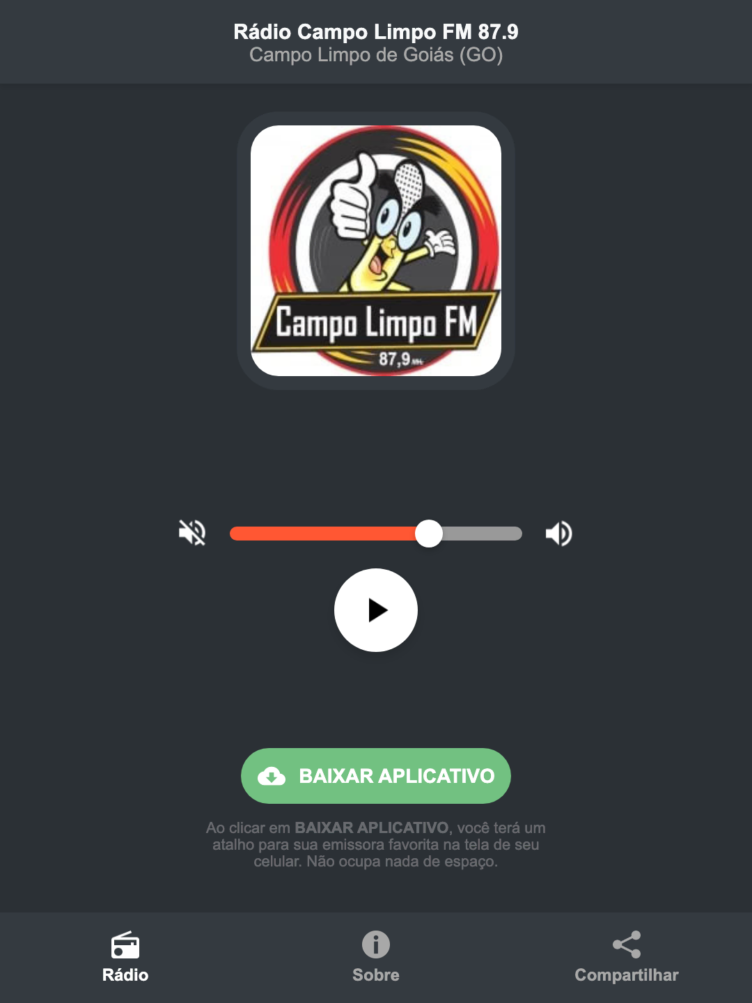 Screenshot do aplicativo da Rádio Campo Limpo FM 87.9