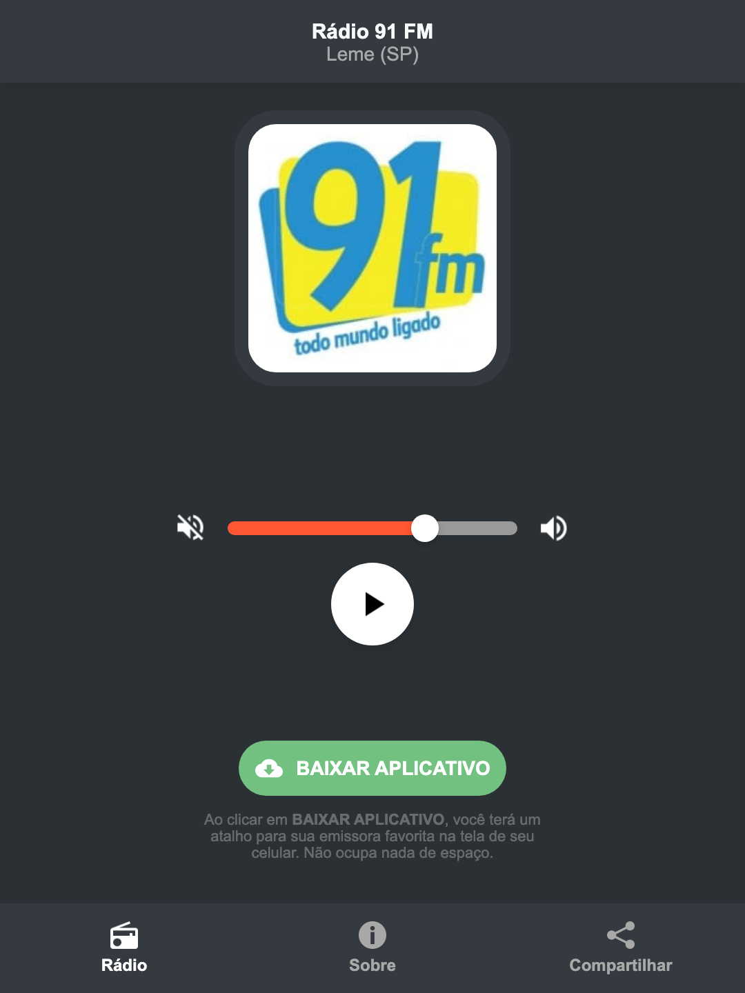Screenshot do aplicativo da Rádio 91 FM