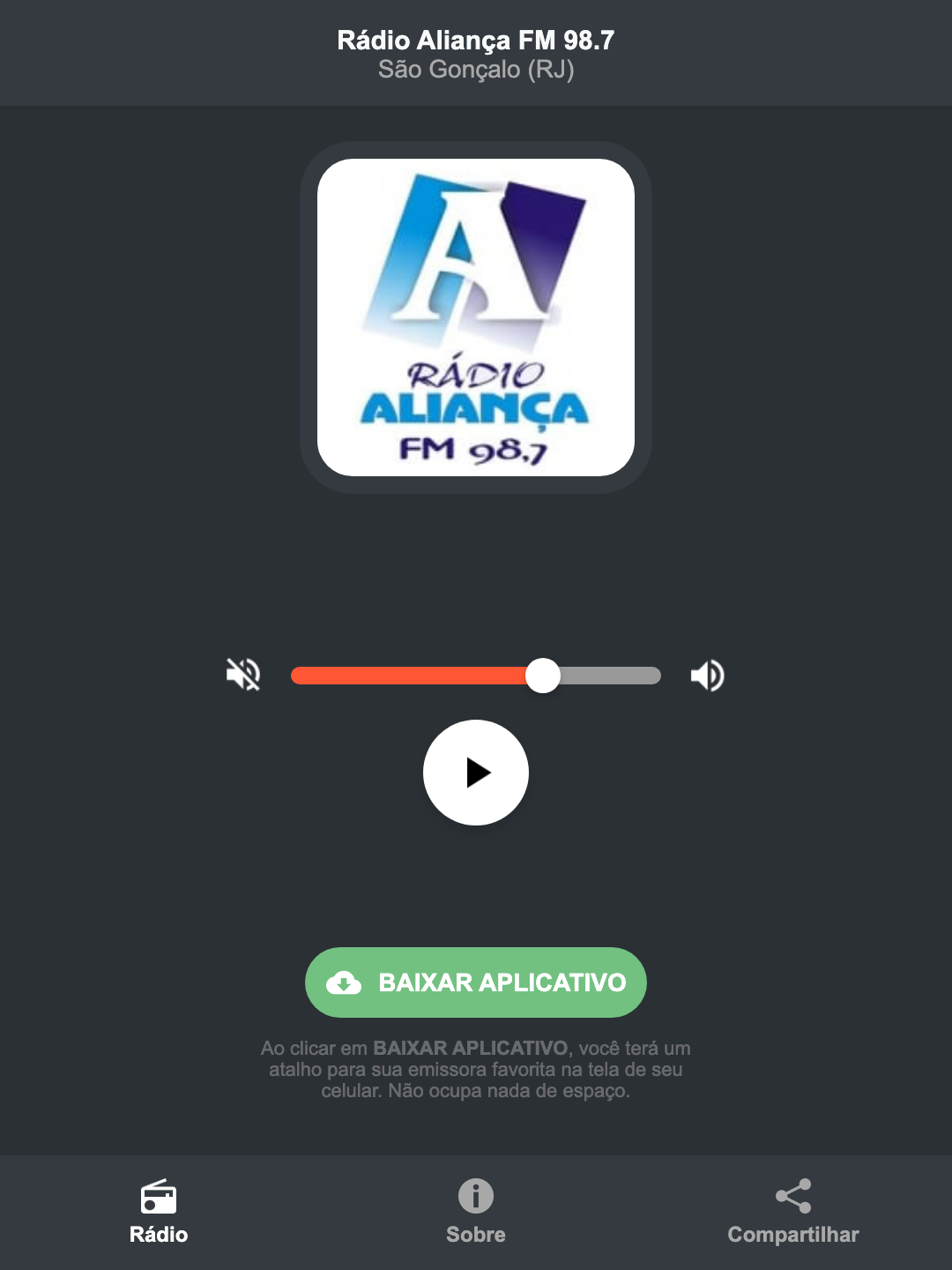 Screenshot do aplicativo da Rádio Aliança FM 98.7
