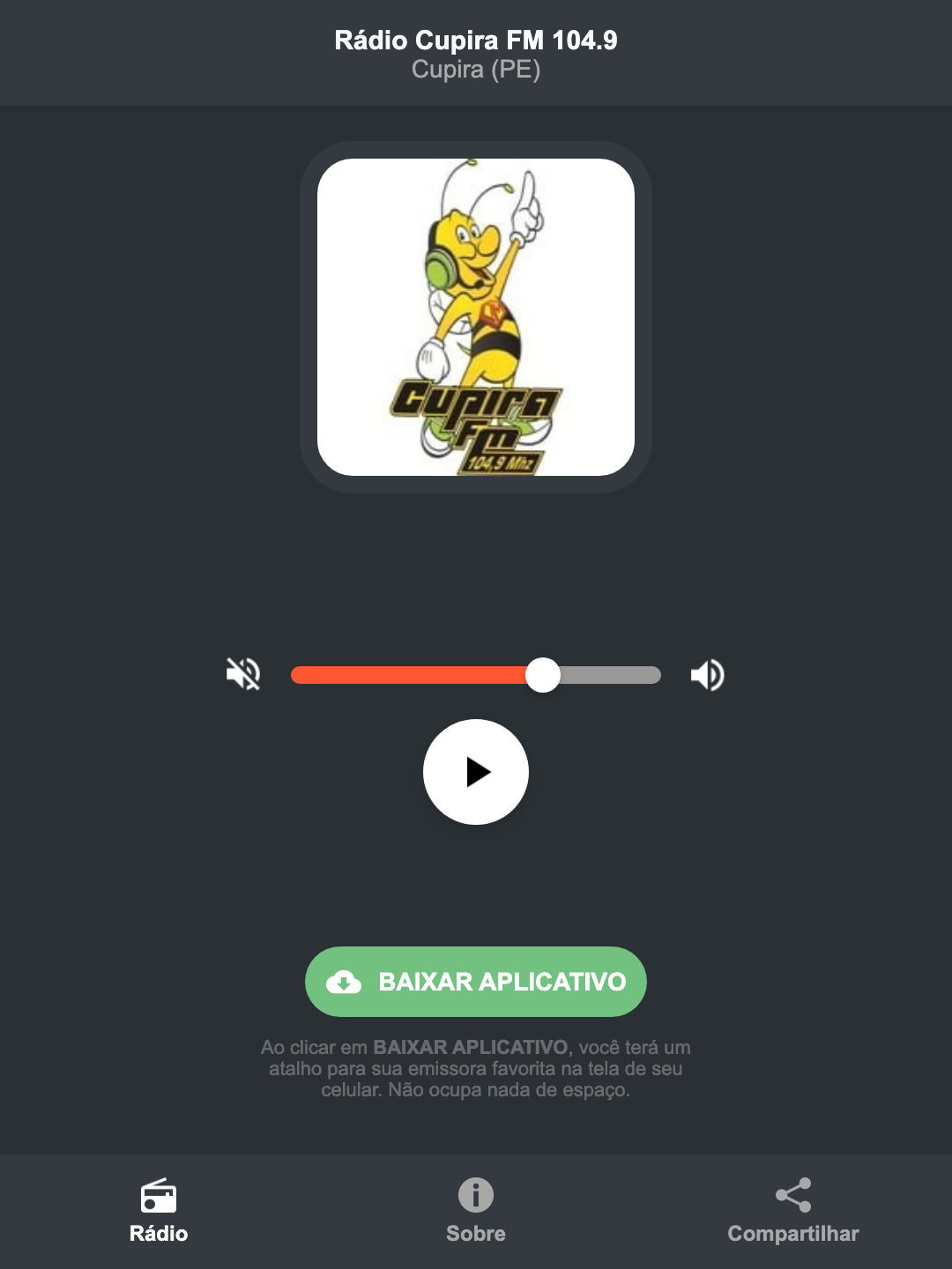 Screenshot do aplicativo da Rádio Cupira FM 104.9