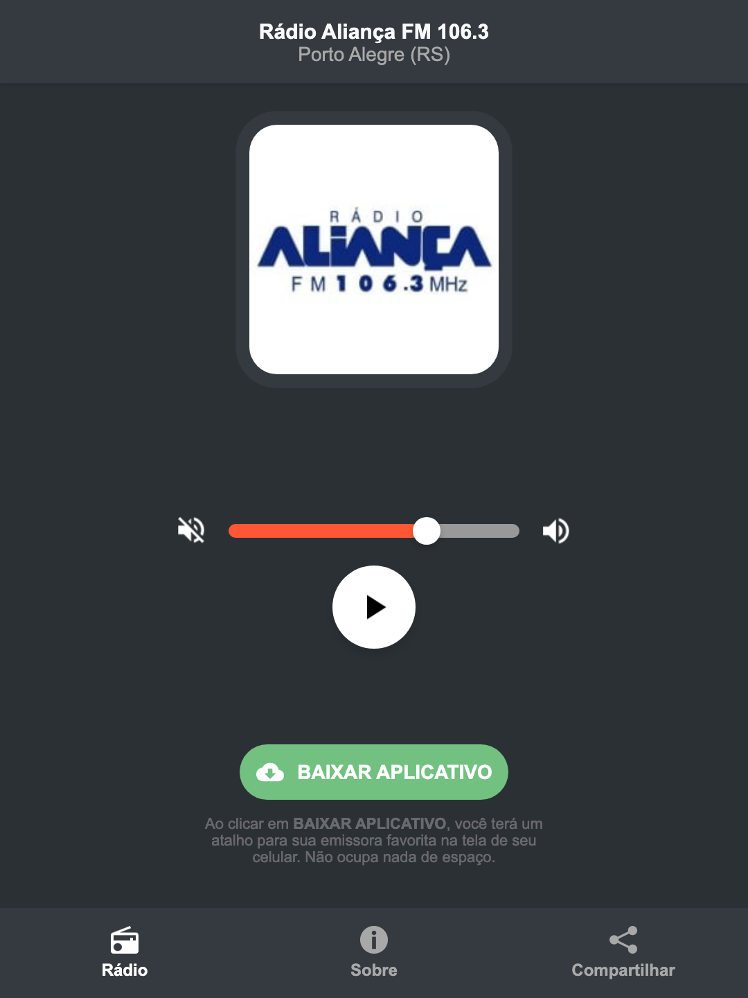Screenshot do aplicativo da Rádio Aliança FM 106.3