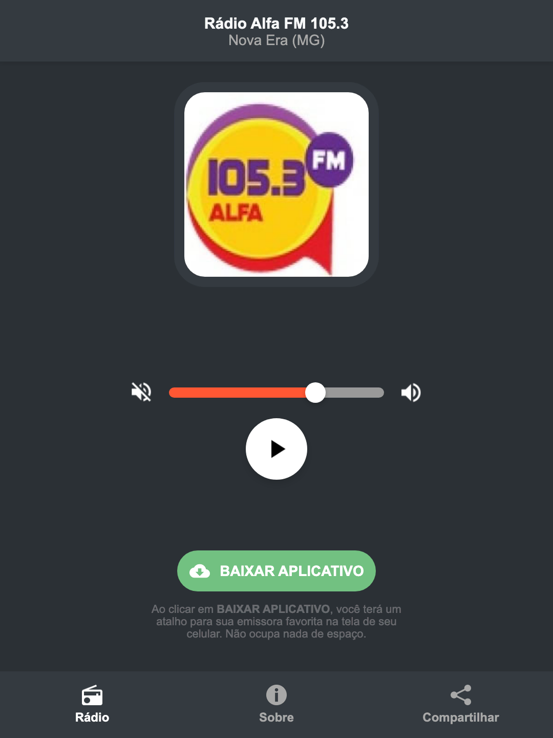 Screenshot do aplicativo da Rádio Alfa FM 105.3