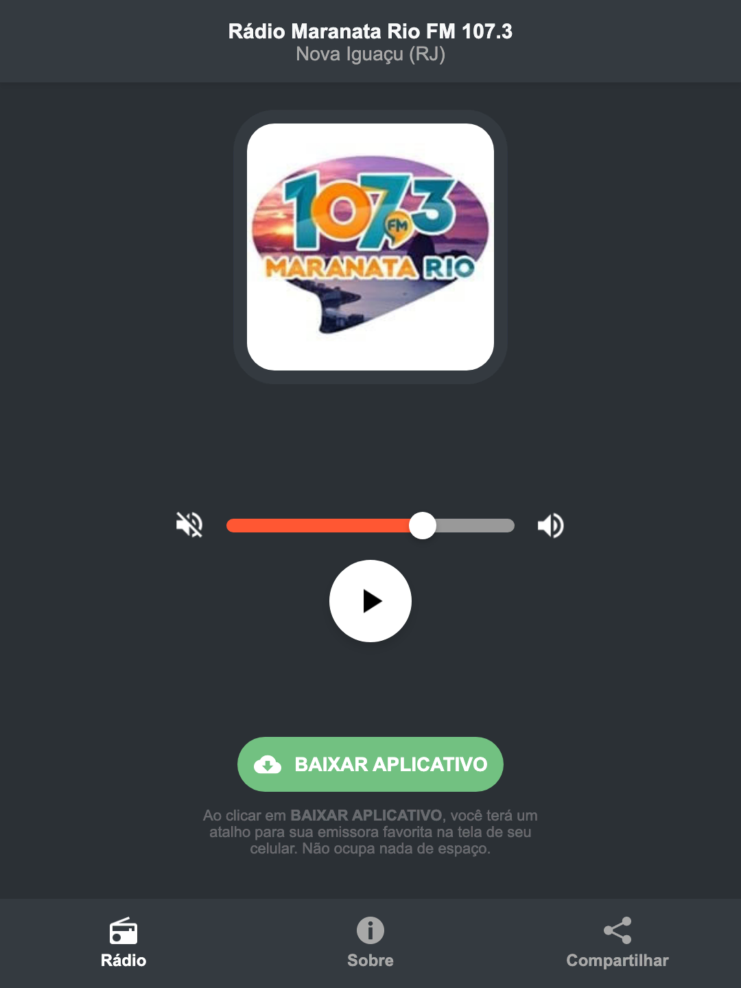Screenshot do aplicativo da Rádio Maranata Rio FM 107.3