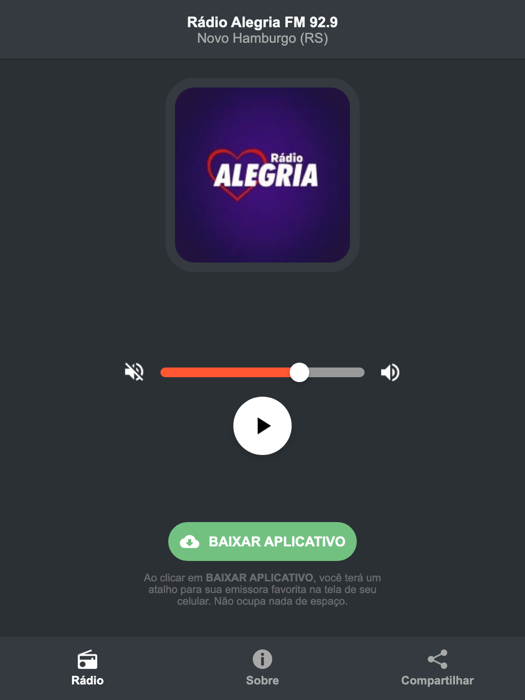 Screenshot do aplicativo da Rádio Alegria FM 92.9
