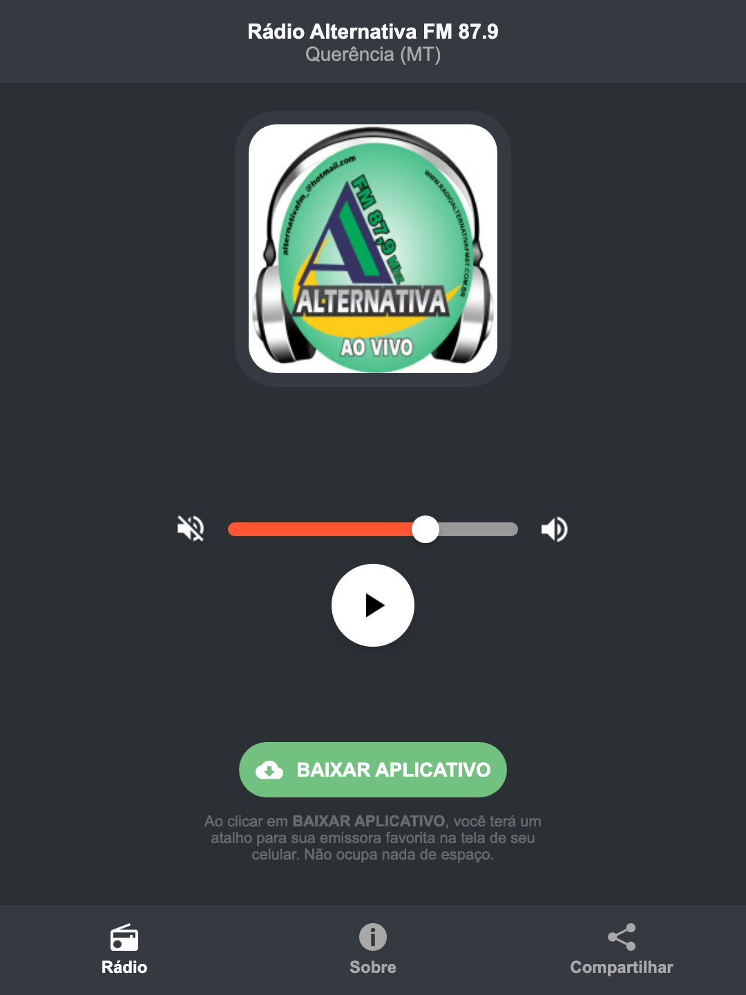 Screenshot do aplicativo da Rádio Alternativa FM 87.9