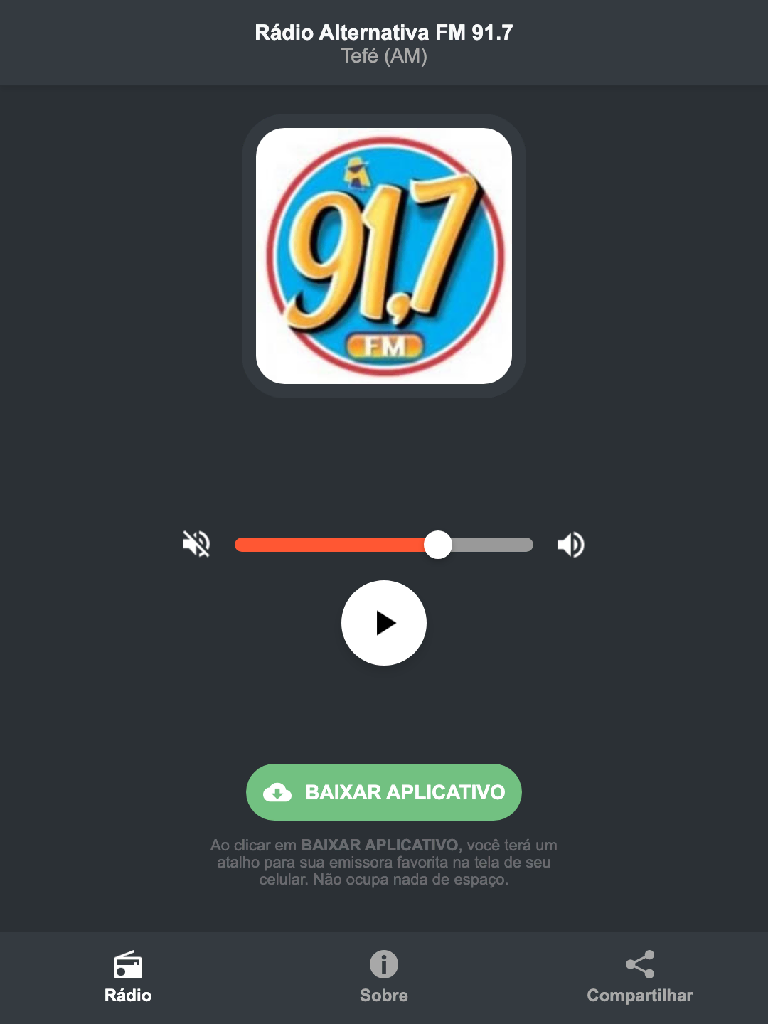 Screenshot do aplicativo da Rádio Alternativa FM 91.7