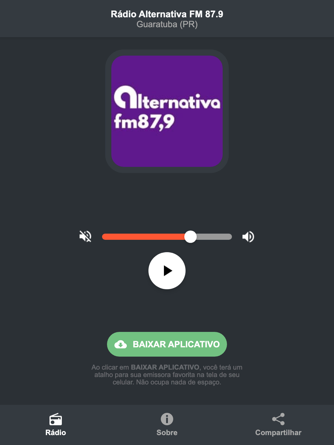 Screenshot do aplicativo da Rádio Alternativa FM 87.9