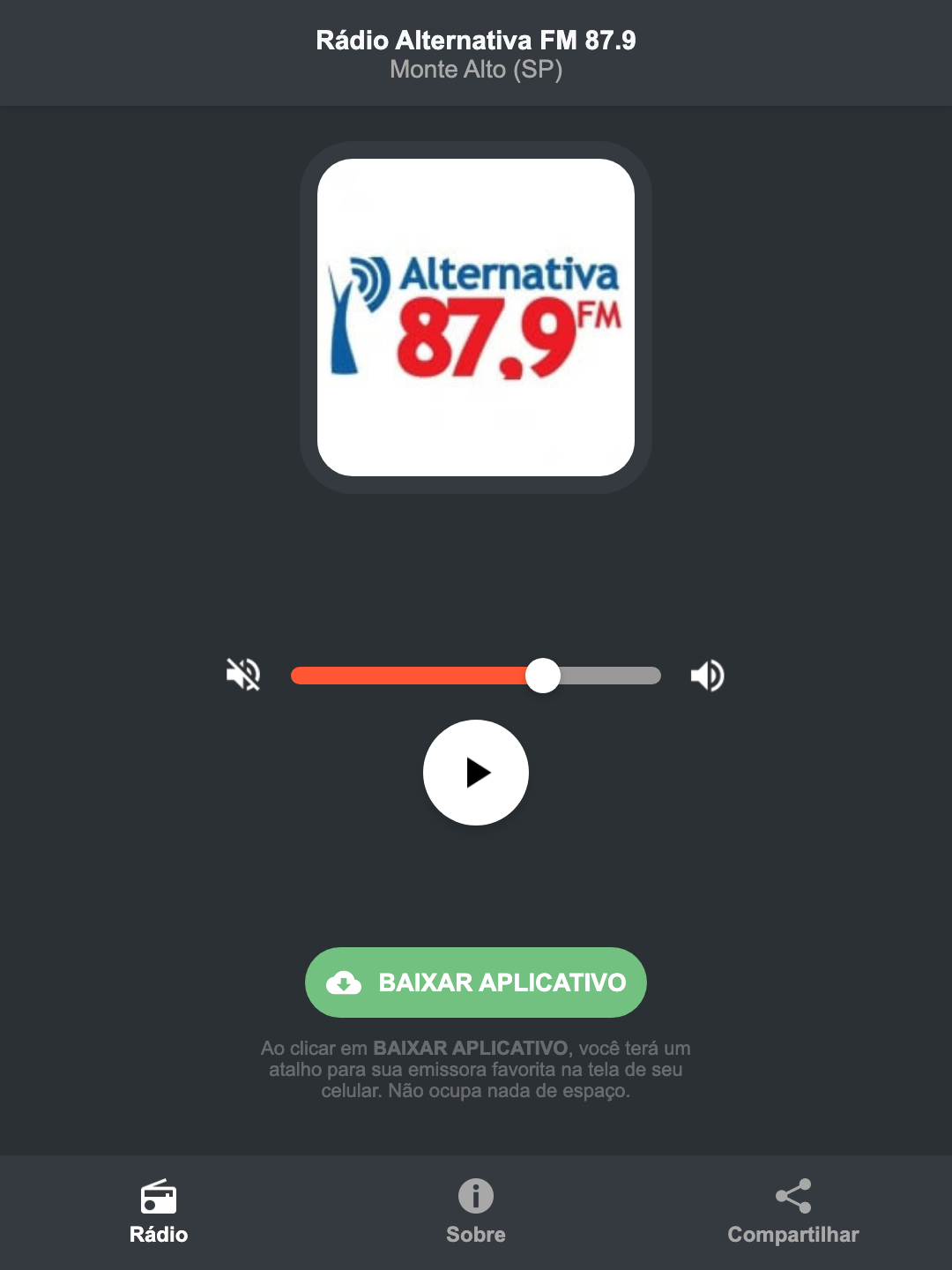 Screenshot do aplicativo da Rádio Alternativa FM 87.9