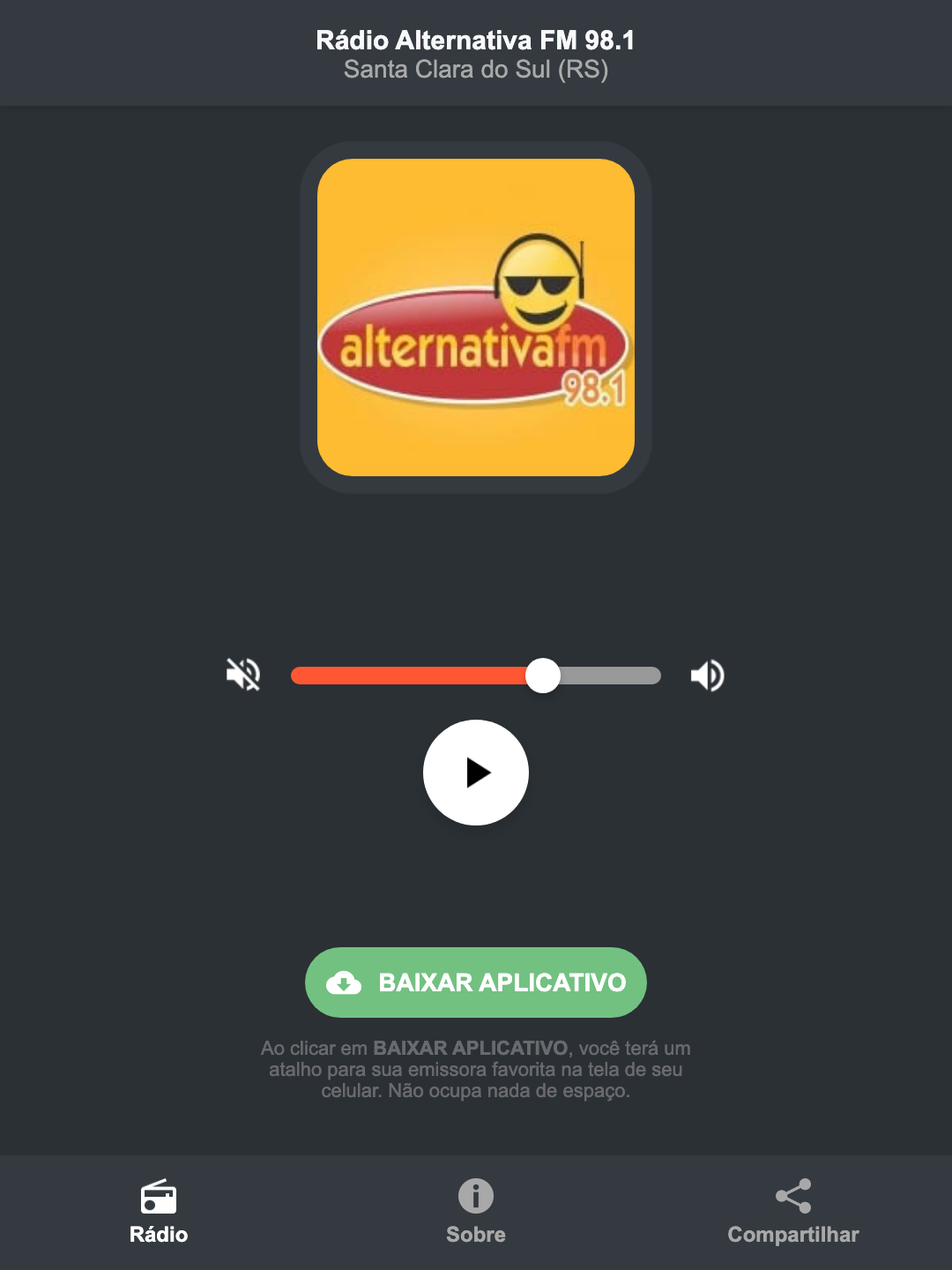 Screenshot do aplicativo da Rádio Alternativa FM 98.1