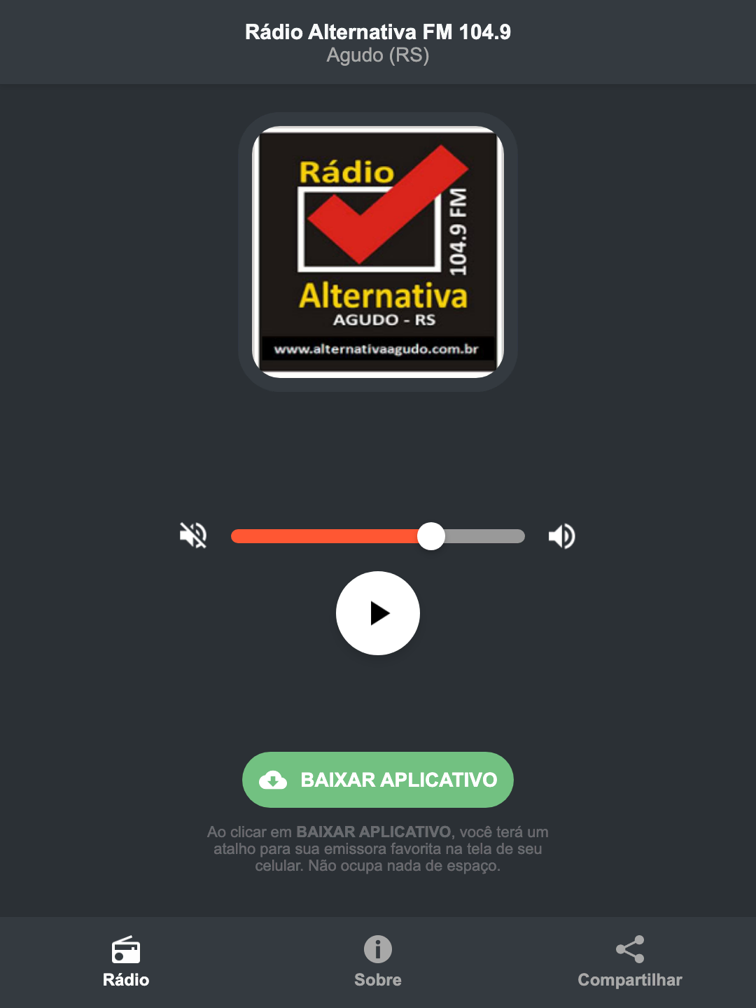 Screenshot do aplicativo da Rádio Alternativa FM 104.9