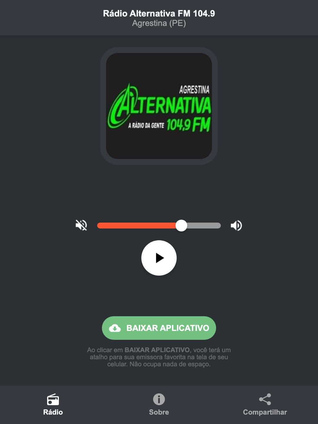 Screenshot do aplicativo da Rádio Alternativa FM 104.9