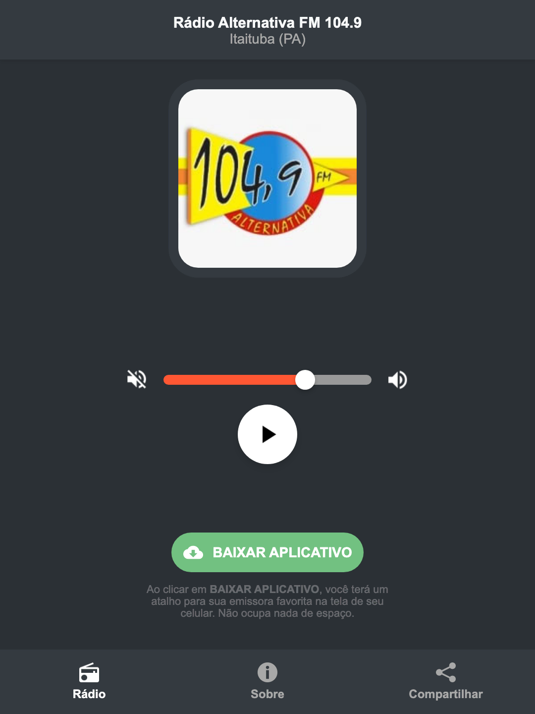 Screenshot do aplicativo da Rádio Alternativa FM 104.9