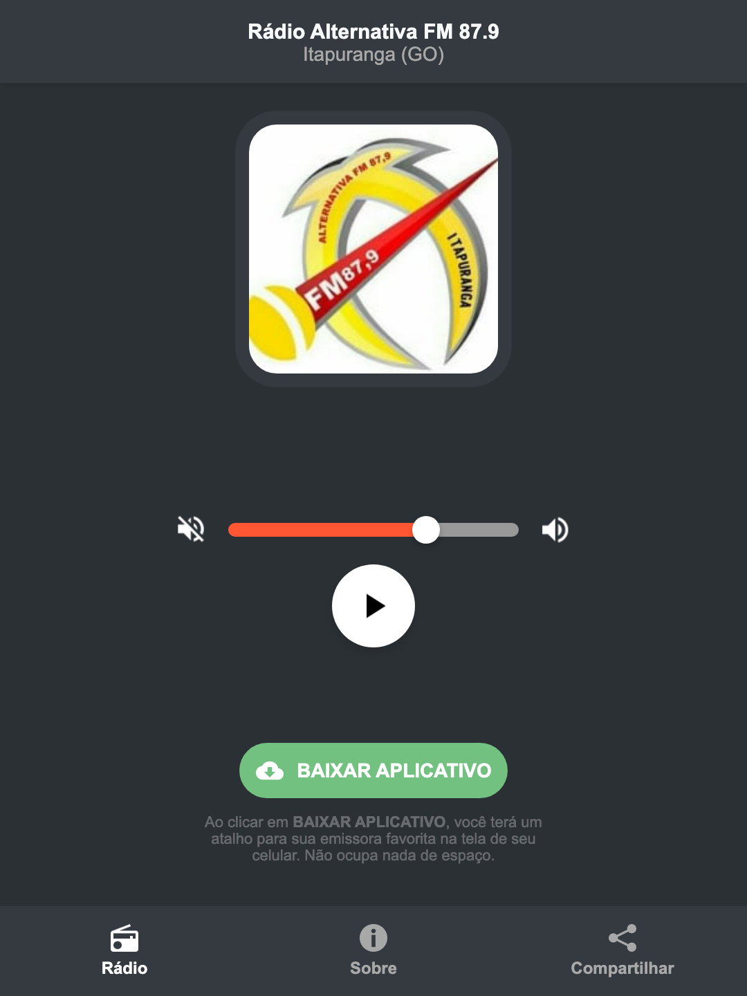 Screenshot do aplicativo da Rádio Alternativa FM 87.9