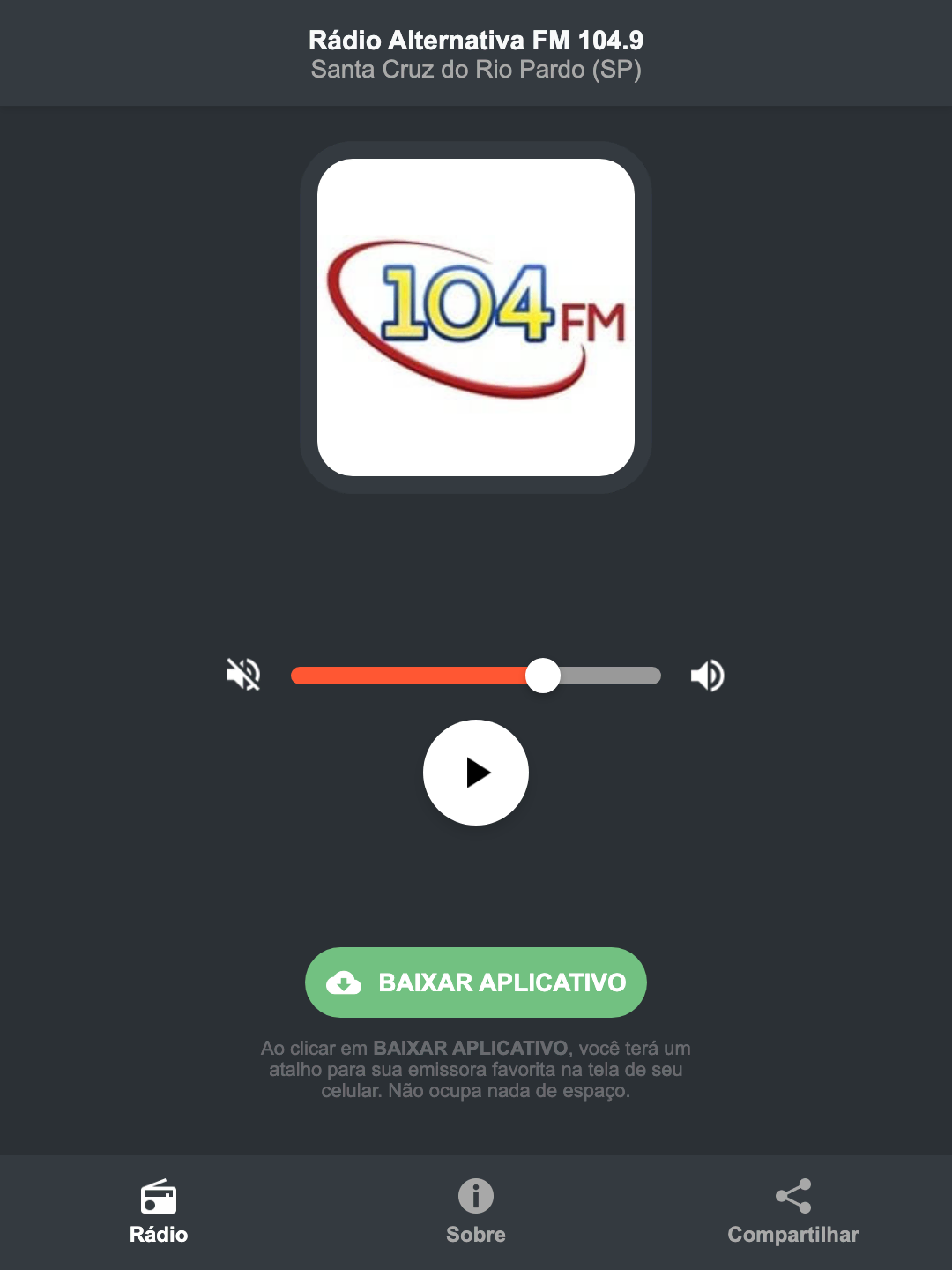 Screenshot do aplicativo da Rádio Alternativa FM 104.9